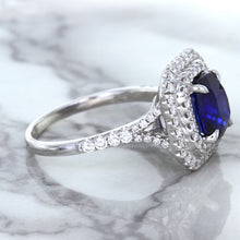 Load image into Gallery viewer, 3.31ct. Cushion GIA Certified Blue Sapphire Ring with Double Diamond Halo in 18K White Gold