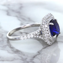 Load image into Gallery viewer, 3.31ct. Cushion GIA Certified Blue Sapphire Ring with Double Diamond Halo in 18K White Gold