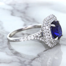 Load image into Gallery viewer, 3.31ct. Cushion GIA Certified Blue Sapphire Ring with Double Diamond Halo in 18K White Gold