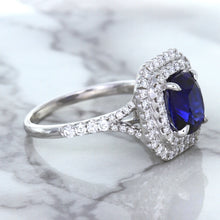 Load image into Gallery viewer, 3.31ct. Cushion GIA Certified Blue Sapphire Ring with Double Diamond Halo in 18K White Gold