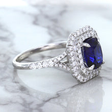 Load image into Gallery viewer, 3.31ct. Cushion GIA Certified Blue Sapphire Ring with Double Diamond Halo in 18K White Gold