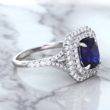 Load image into Gallery viewer, 3.31ct. Cushion GIA Certified Blue Sapphire Ring with Double Diamond Halo in 18K White Gold