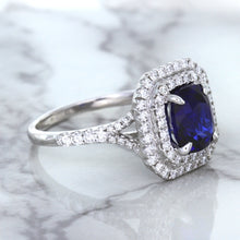 Load image into Gallery viewer, 3.31ct. Cushion GIA Certified Blue Sapphire Ring with Double Diamond Halo in 18K White Gold