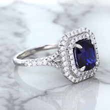 Load image into Gallery viewer, 3.31ct. Cushion GIA Certified Blue Sapphire Ring with Double Diamond Halo in 18K White Gold