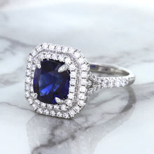 Load image into Gallery viewer, 3.31ct. Cushion GIA Certified Blue Sapphire Ring with Double Diamond Halo in 18K White Gold