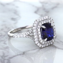 Load image into Gallery viewer, 3.31ct. Cushion GIA Certified Blue Sapphire Ring with Double Diamond Halo in 18K White Gold