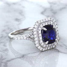 Load image into Gallery viewer, 3.31ct. Cushion GIA Certified Blue Sapphire Ring with Double Diamond Halo in 18K White Gold