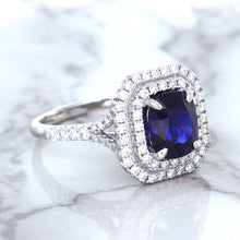 Load image into Gallery viewer, 3.31ct. Cushion GIA Certified Blue Sapphire Ring with Double Diamond Halo in 18K White Gold
