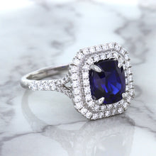 Load image into Gallery viewer, 3.31ct. Cushion GIA Certified Blue Sapphire Ring with Double Diamond Halo in 18K White Gold
