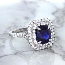 Load image into Gallery viewer, 3.31ct. Cushion GIA Certified Blue Sapphire Ring with Double Diamond Halo in 18K White Gold