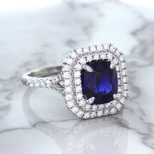 Load image into Gallery viewer, 3.31ct. Cushion GIA Certified Blue Sapphire Ring with Double Diamond Halo in 18K White Gold