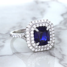 Load image into Gallery viewer, 3.31ct. Cushion GIA Certified Blue Sapphire Ring with Double Diamond Halo in 18K White Gold