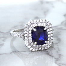Load image into Gallery viewer, 3.31ct. Cushion GIA Certified Blue Sapphire Ring with Double Diamond Halo in 18K White Gold