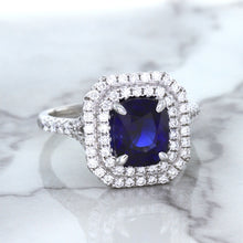 Load image into Gallery viewer, 3.31ct. Cushion GIA Certified Blue Sapphire Ring with Double Diamond Halo in 18K White Gold