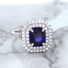 Load image into Gallery viewer, 3.31ct. Cushion GIA Certified Blue Sapphire Ring with Double Diamond Halo in 18K White Gold