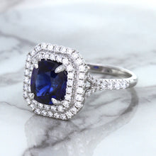 Load image into Gallery viewer, 3.31ct. Cushion GIA Certified Blue Sapphire Ring with Double Diamond Halo in 18K White Gold