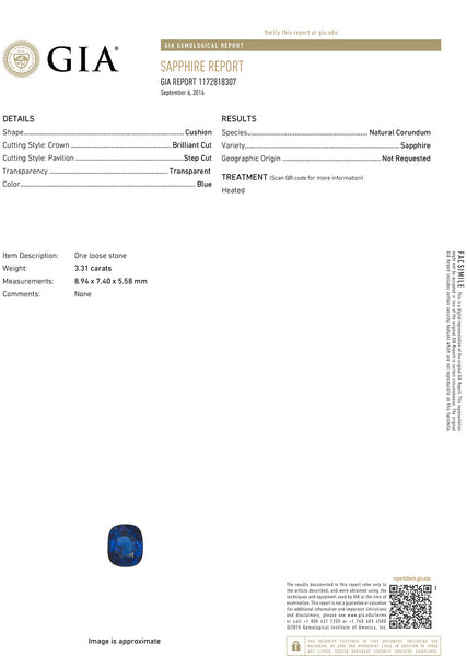 3.31ct. Cushion GIA Certified Blue Sapphire Ring with Double Diamond Halo in 18K White Gold