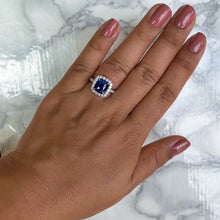 Load image into Gallery viewer, 4.41ct. Cushion Blue Sapphire Ring with Diamond Halo in 18K White Gold