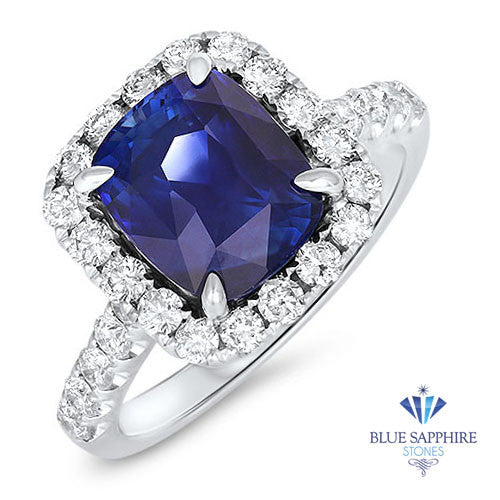 4.41ct. Cushion Blue Sapphire Ring with Diamond Halo in 18K White Gold