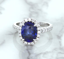 Load image into Gallery viewer, 3.68ct. Oval GIA Certified Blue Sapphire Ring with Diamond Halo in 18K White Gold
