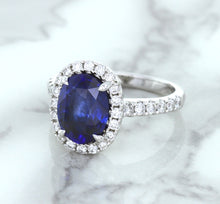 Load image into Gallery viewer, 3.68ct. Oval GIA Certified Blue Sapphire Ring with Diamond Halo in 18K White Gold