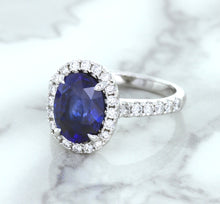 Load image into Gallery viewer, 3.68ct. Oval GIA Certified Blue Sapphire Ring with Diamond Halo in 18K White Gold
