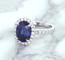 Load image into Gallery viewer, 3.68ct. Oval GIA Certified Blue Sapphire Ring with Diamond Halo in 18K White Gold