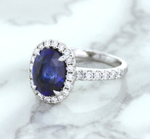 Load image into Gallery viewer, 3.68ct. Oval GIA Certified Blue Sapphire Ring with Diamond Halo in 18K White Gold