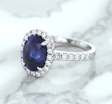 Load image into Gallery viewer, 3.68ct. Oval GIA Certified Blue Sapphire Ring with Diamond Halo in 18K White Gold
