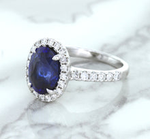 Load image into Gallery viewer, 3.68ct. Oval GIA Certified Blue Sapphire Ring with Diamond Halo in 18K White Gold
