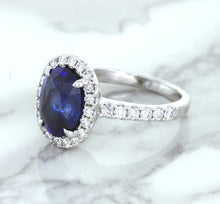 Load image into Gallery viewer, 3.68ct. Oval GIA Certified Blue Sapphire Ring with Diamond Halo in 18K White Gold