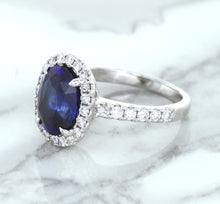 Load image into Gallery viewer, 3.68ct. Oval GIA Certified Blue Sapphire Ring with Diamond Halo in 18K White Gold
