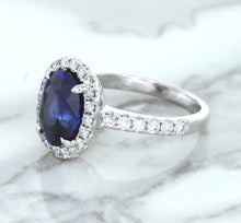 Load image into Gallery viewer, 3.68ct. Oval GIA Certified Blue Sapphire Ring with Diamond Halo in 18K White Gold