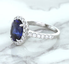 Load image into Gallery viewer, 3.68ct. Oval GIA Certified Blue Sapphire Ring with Diamond Halo in 18K White Gold
