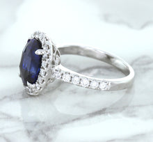 Load image into Gallery viewer, 3.68ct. Oval GIA Certified Blue Sapphire Ring with Diamond Halo in 18K White Gold