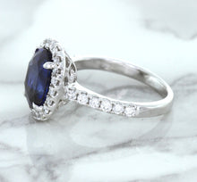 Load image into Gallery viewer, 3.68ct. Oval GIA Certified Blue Sapphire Ring with Diamond Halo in 18K White Gold