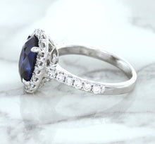 Load image into Gallery viewer, 3.68ct. Oval GIA Certified Blue Sapphire Ring with Diamond Halo in 18K White Gold