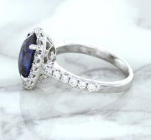 Load image into Gallery viewer, 3.68ct. Oval GIA Certified Blue Sapphire Ring with Diamond Halo in 18K White Gold