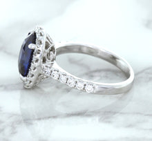 Load image into Gallery viewer, 3.68ct. Oval GIA Certified Blue Sapphire Ring with Diamond Halo in 18K White Gold