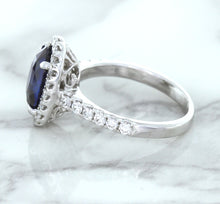 Load image into Gallery viewer, 3.68ct. Oval GIA Certified Blue Sapphire Ring with Diamond Halo in 18K White Gold
