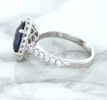 Load image into Gallery viewer, 3.68ct. Oval GIA Certified Blue Sapphire Ring with Diamond Halo in 18K White Gold