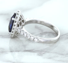 Load image into Gallery viewer, 3.68ct. Oval GIA Certified Blue Sapphire Ring with Diamond Halo in 18K White Gold