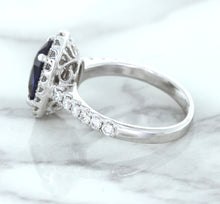 Load image into Gallery viewer, 3.68ct. Oval GIA Certified Blue Sapphire Ring with Diamond Halo in 18K White Gold