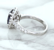 Load image into Gallery viewer, 3.68ct. Oval GIA Certified Blue Sapphire Ring with Diamond Halo in 18K White Gold