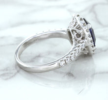 Load image into Gallery viewer, 3.68ct. Oval GIA Certified Blue Sapphire Ring with Diamond Halo in 18K White Gold