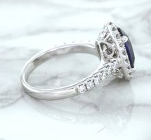 Load image into Gallery viewer, 3.68ct. Oval GIA Certified Blue Sapphire Ring with Diamond Halo in 18K White Gold