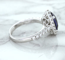 Load image into Gallery viewer, 3.68ct. Oval GIA Certified Blue Sapphire Ring with Diamond Halo in 18K White Gold