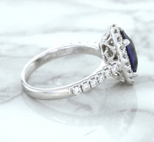 Load image into Gallery viewer, 3.68ct. Oval GIA Certified Blue Sapphire Ring with Diamond Halo in 18K White Gold