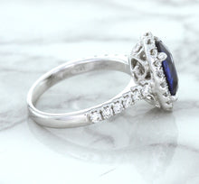Load image into Gallery viewer, 3.68ct. Oval GIA Certified Blue Sapphire Ring with Diamond Halo in 18K White Gold