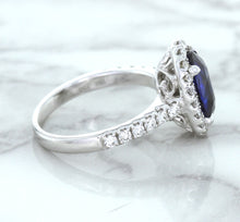 Load image into Gallery viewer, 3.68ct. Oval GIA Certified Blue Sapphire Ring with Diamond Halo in 18K White Gold